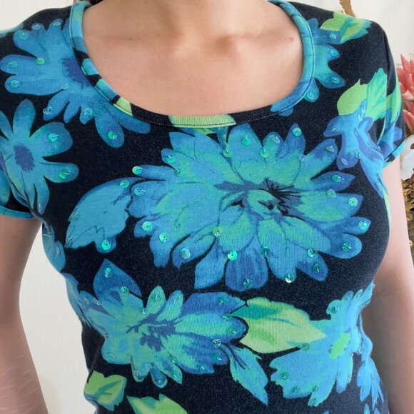 Deadstock Vivid Blue Sequin Floral Babytee Top Y2K 100% Cotton - Picture 2 of 8